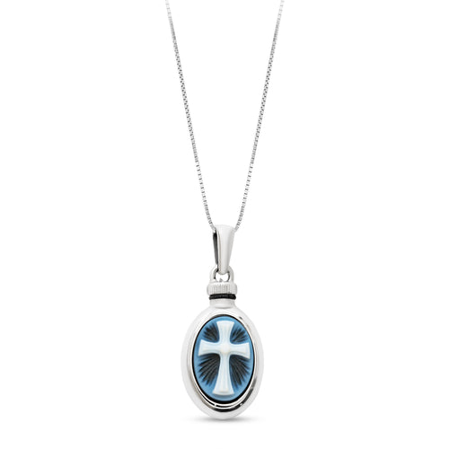 Pendentif en argent ovale avec croix. Brillant