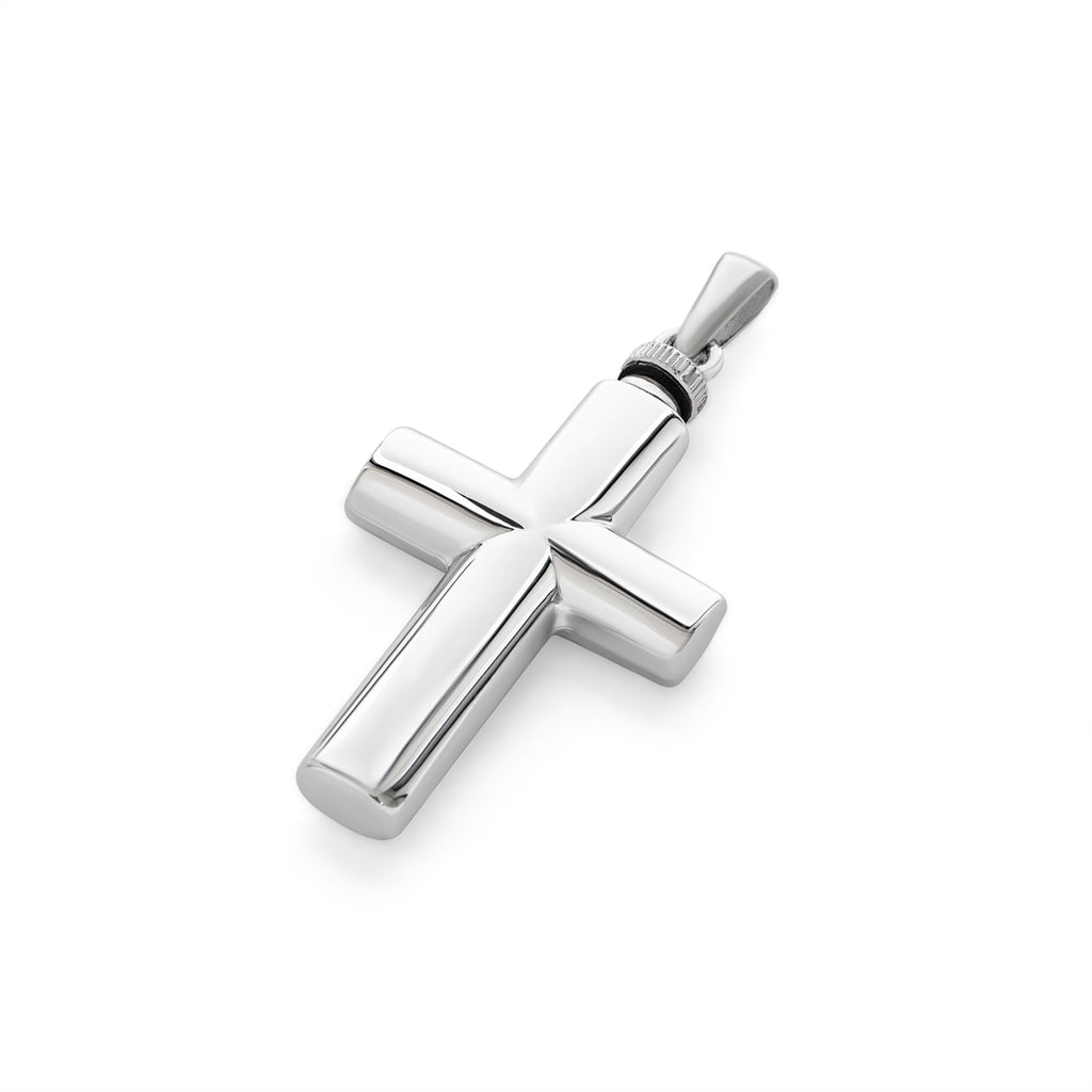 Zilveren urnhanger in de vorm van een kruis met ronde afwerking. 38 mm hoog, 21 mm breed