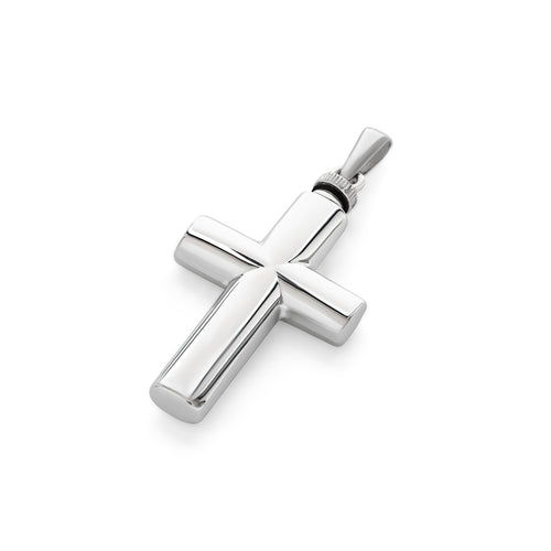 Pendentif urne en argent en forme de croix avec une finition arrondie. 38 mm de haut, 21 mm de large