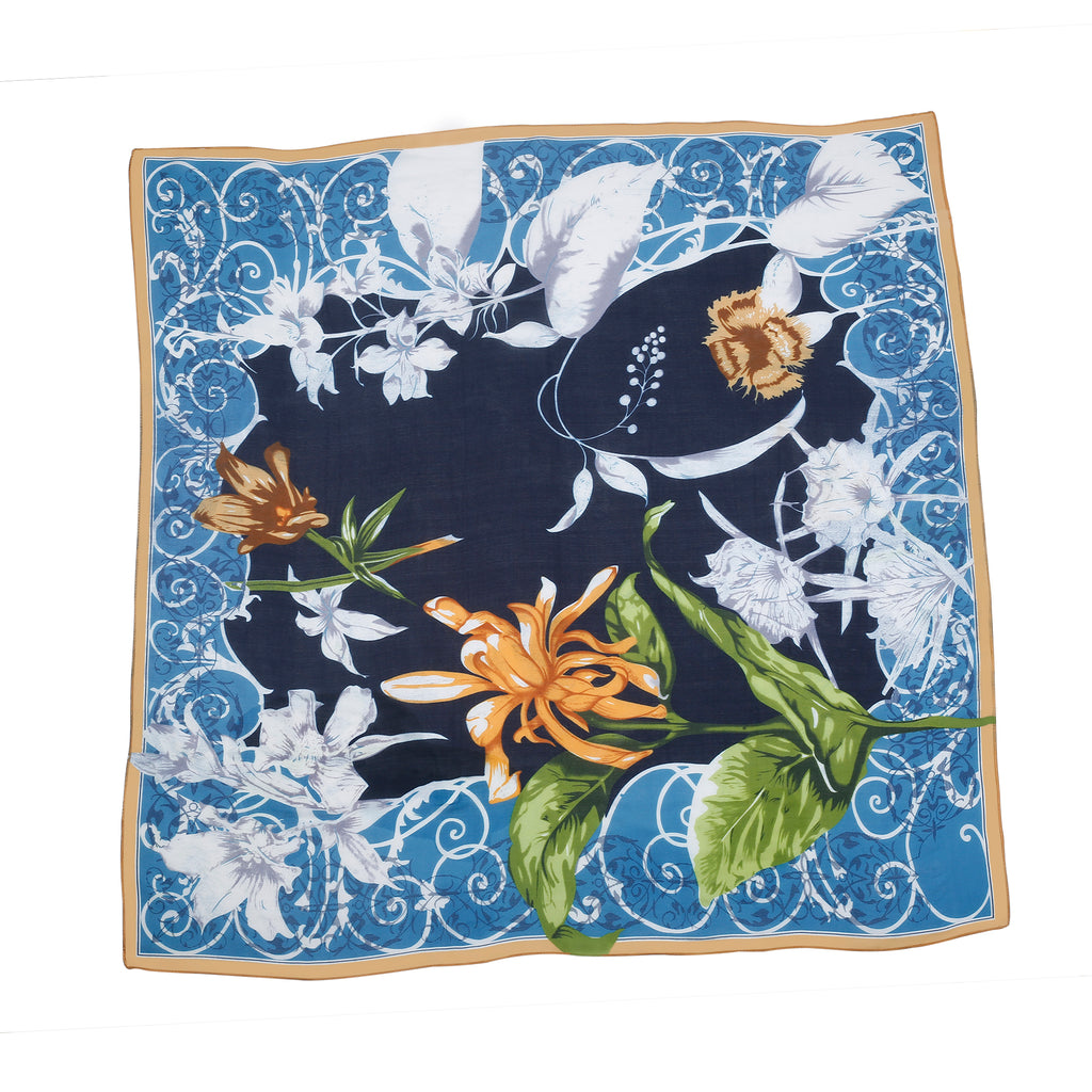 Zijde sjaal blauw met bloem Tessy