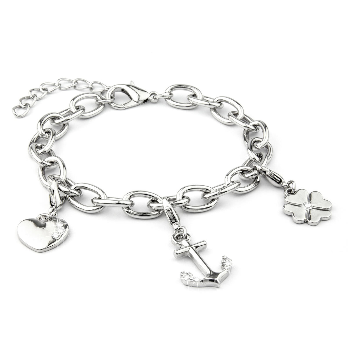 Verzilverde armband met 3 bedels: hart, anker, klavertje 4 - DiLusso Jewels
