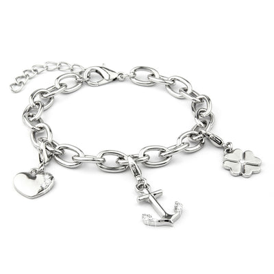 Verzilverde armband met 3 bedels: hart, anker, klavertje 4 - DiLusso Jewels