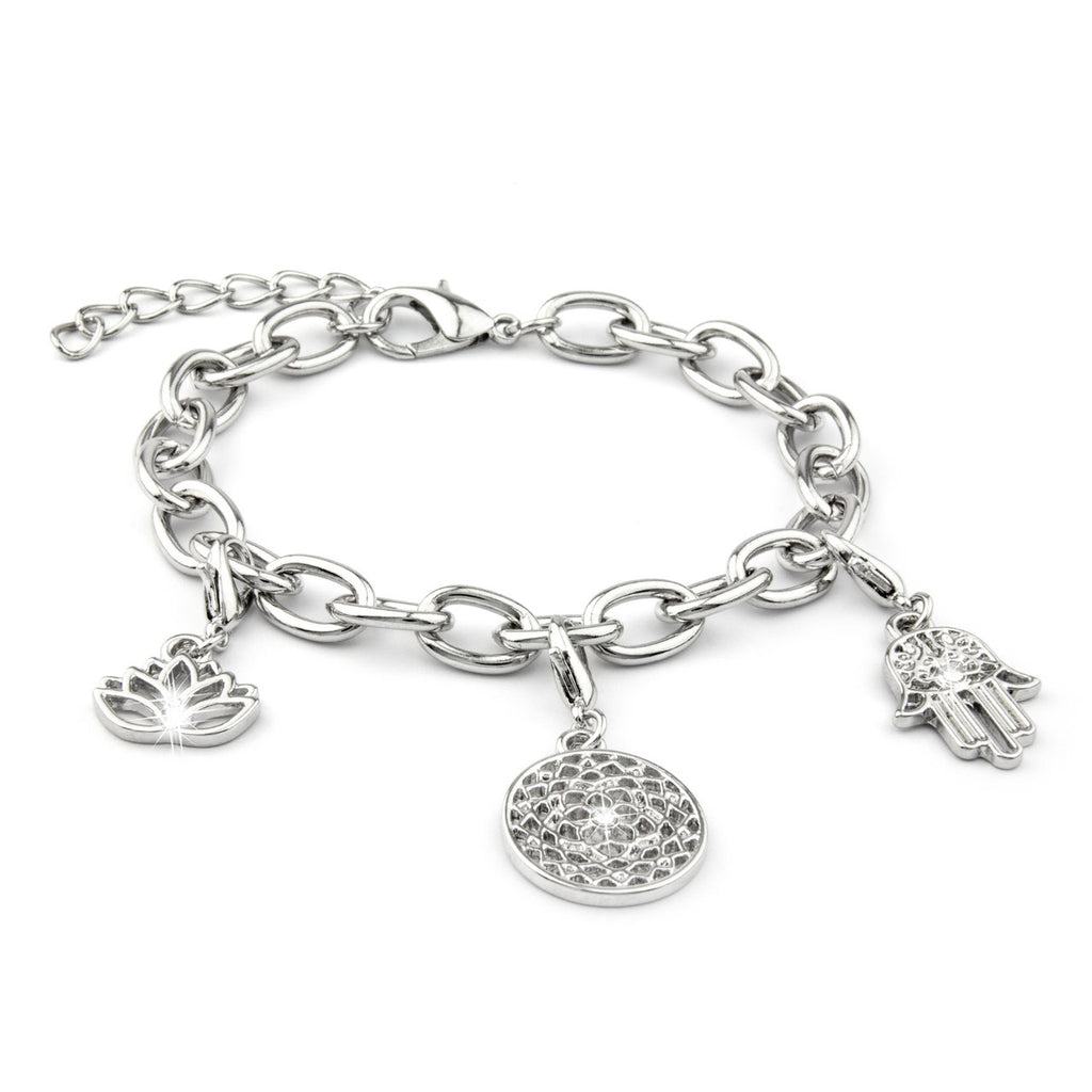 Verzilverde armband met 3 bedels: lotusbloem, chakra, hand van Fatima - DiLusso Jewels