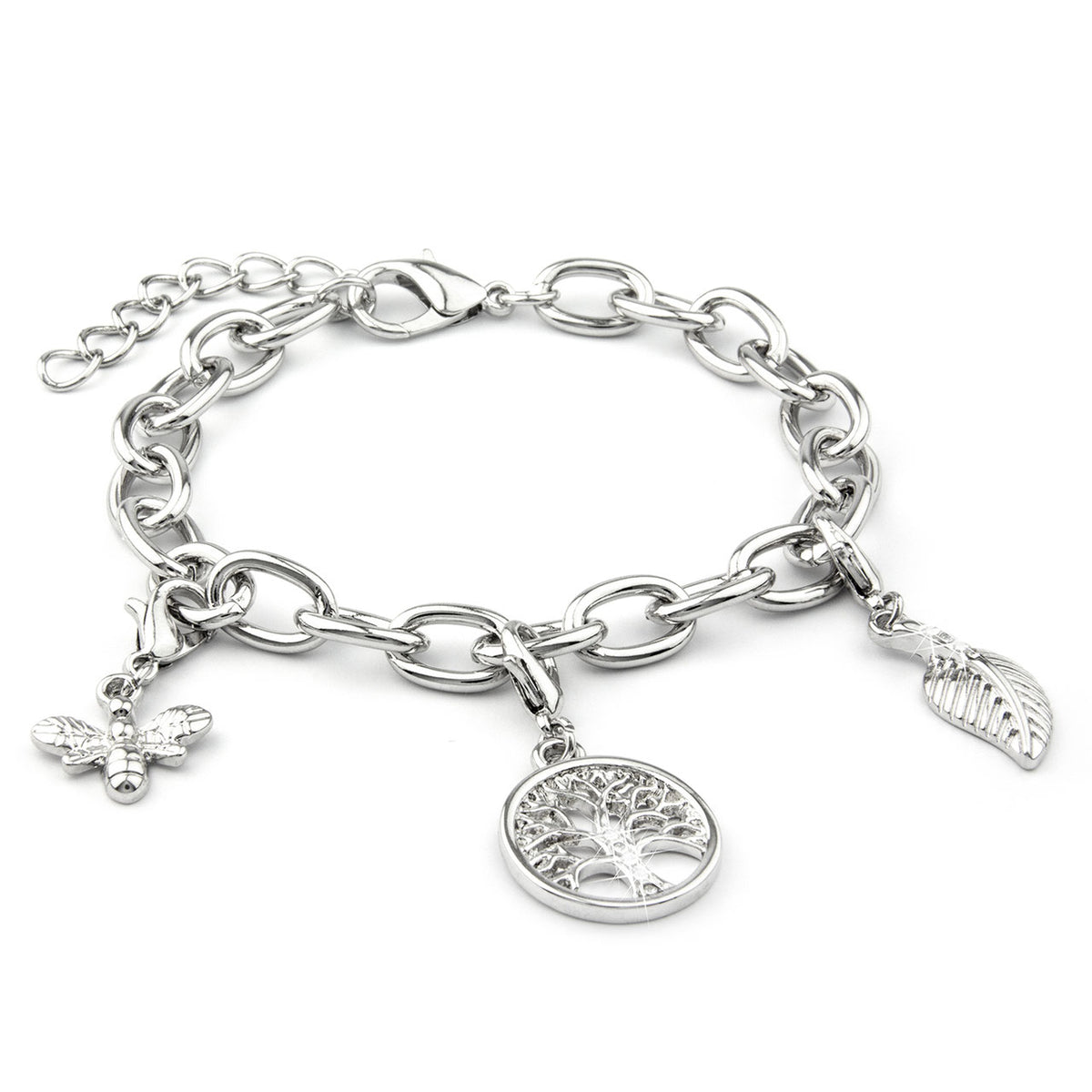 Verzilverde armband met 3 bedels: bij, levensboom, blaadje - DiLusso Jewels